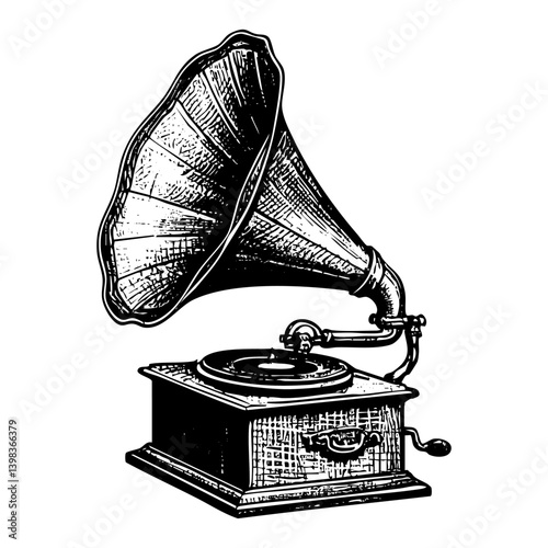 Gramophone sketch engraving black and white outline. Scratch board imitation.  illustrated in vintage line art style on a white background.