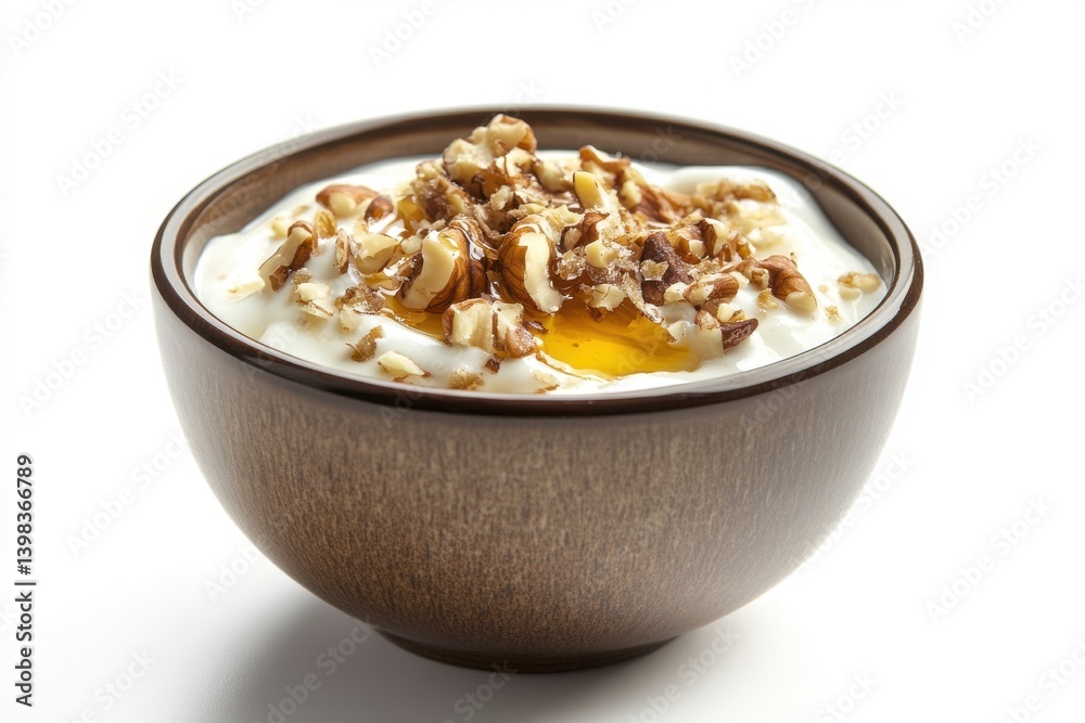 A bowl filled with creamy white yogurt and nuts A bowl filled with creamy white yogurt and nuts