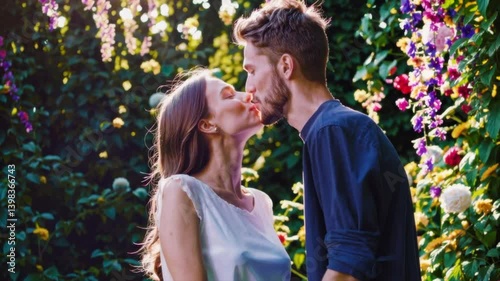 Couple in a flower garden sharing a romantic moment during a sunny afternoon in spring