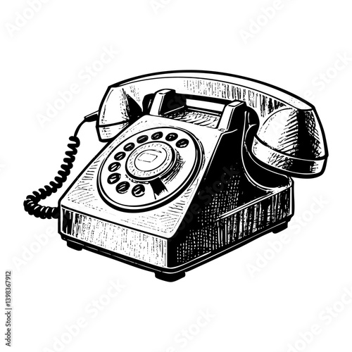 Retro telephone sketch engraving black and white outline. Scratch board imitation.  illustrated in vintage line art style on a white background.