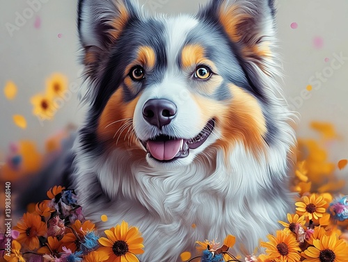 Portrait of a cute australian shepherd dog with flowers.