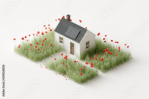 Miniature house surrounded by poppy flowers and green grass during a sunny day in a creative garden setting