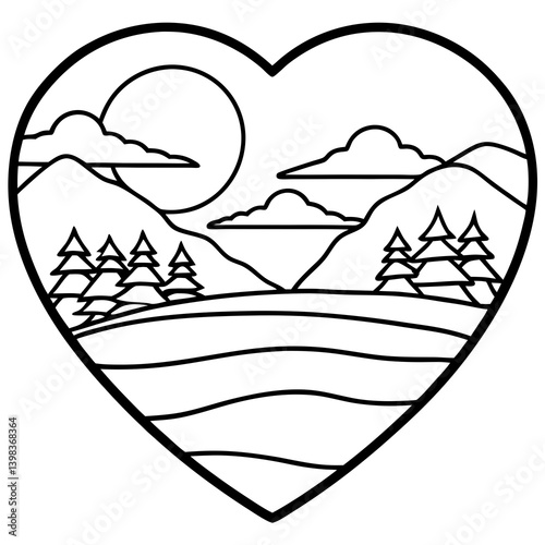 Peaceful Sunset Over a Heart Lake - Line Art