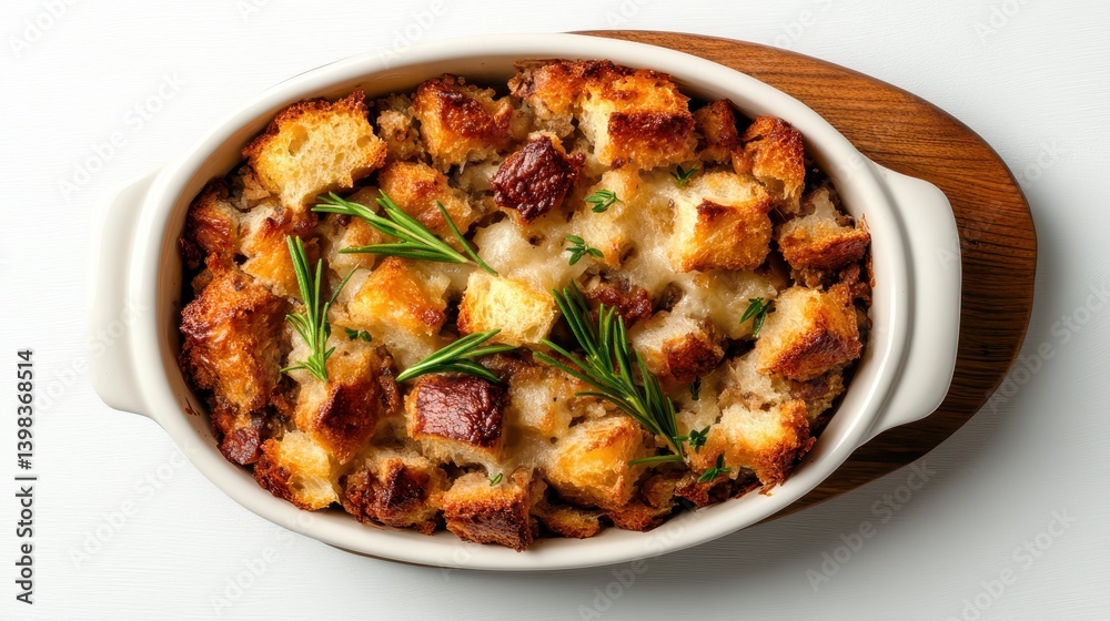 A deliciously baked bread pudding, filled with crunchy bread cubes, topped with herbs, provides a perfect cozy dish ideal for gatherings or family dinners, rich in flavor.