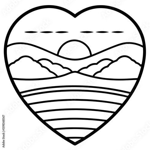 Peaceful Sunset Over a Heart Lake - Line Art