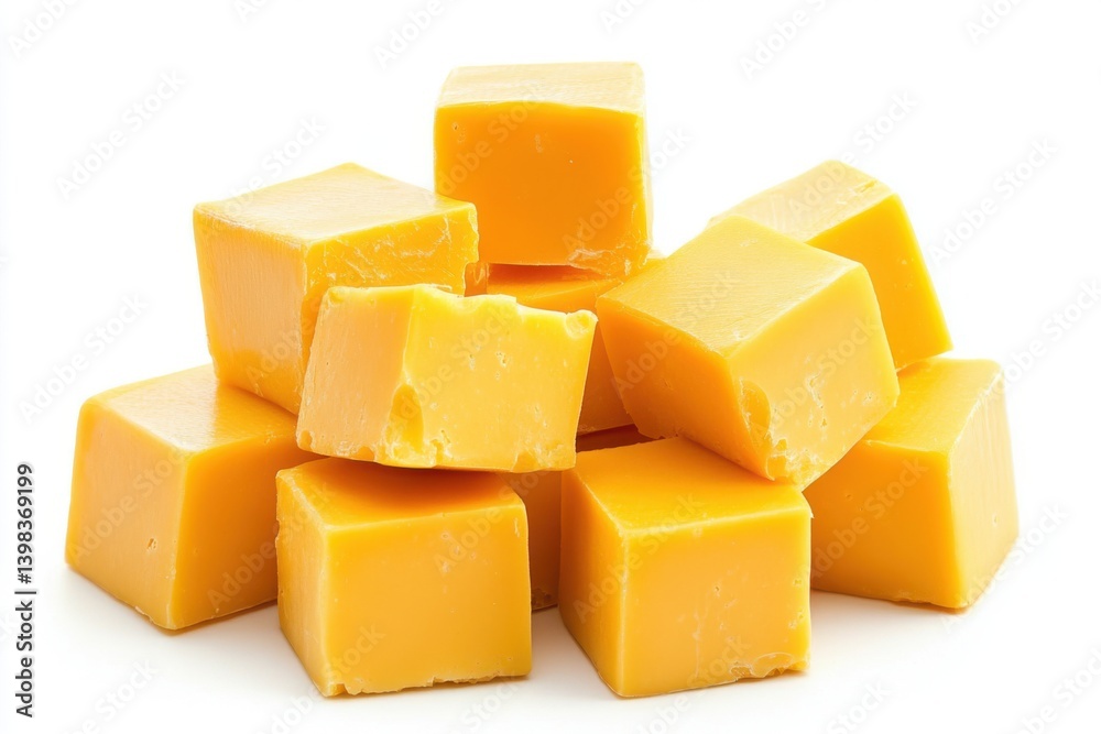A pile of cheddar cheese cubes on a bright, clean surface area isolated on white background A pile of cheddar cheese cubes on a bright, clean surface area isolated on white background