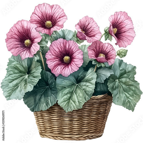 Hollyhock bouquet in a basket, watercolor illustration, isolated on a white background.

