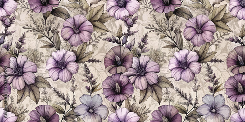 Delicate floral pattern featuring purple and white flowers beautifully arranged.