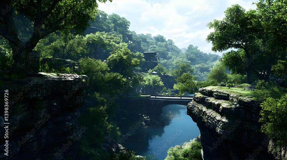 Pixel Art Lush Forest Valley Scene With Bridge Pixel Art Lush Forest Valley Scene With Bridge