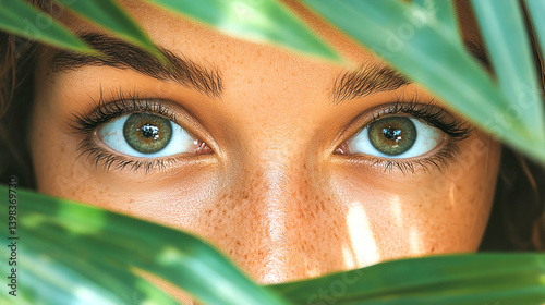 Woman eye peeping through lush green foliage with rain drops. Environment adventure psychology concept