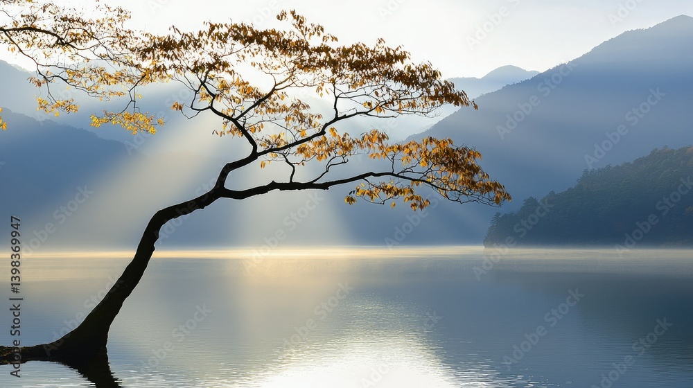 A solitary tree extends over a serene lake towards the mountains A solitary tree extends over a serene lake towards the mountains