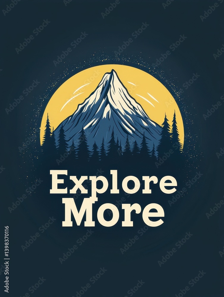 Majestic Mountain Design with Explore More Text and Forest Silhouette
