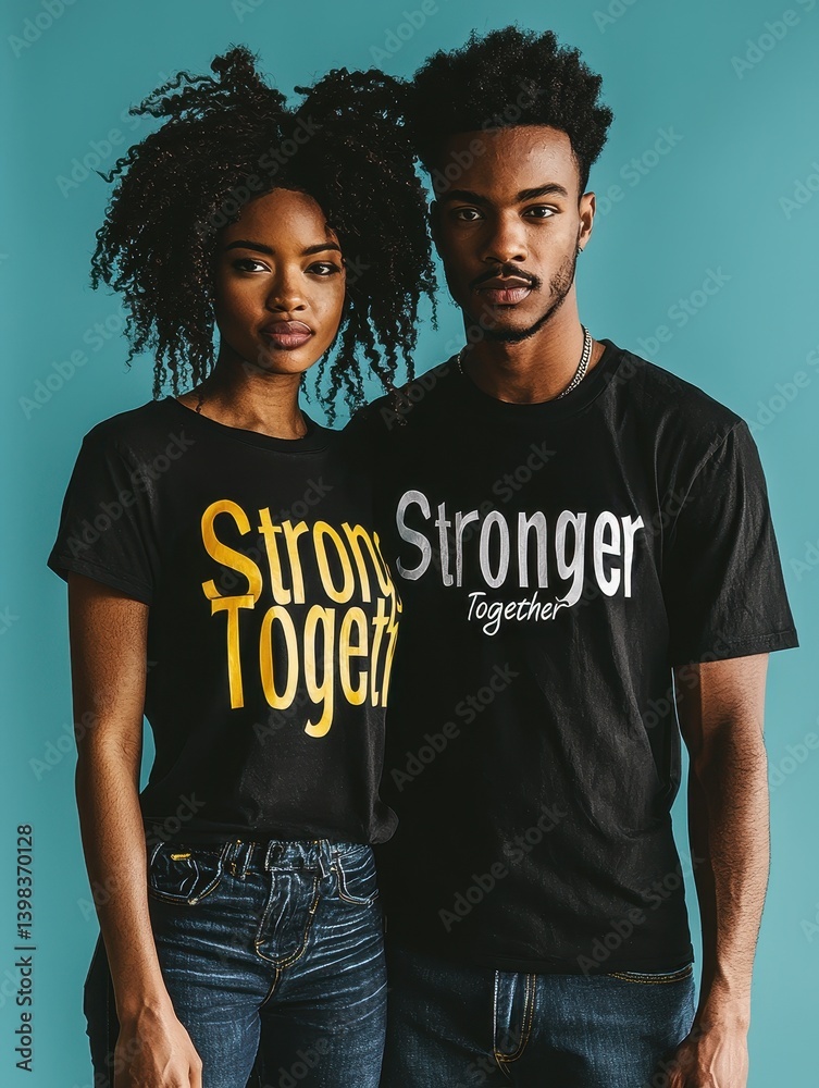 Young diverse couple wearing matching t-shirts posing together indoors