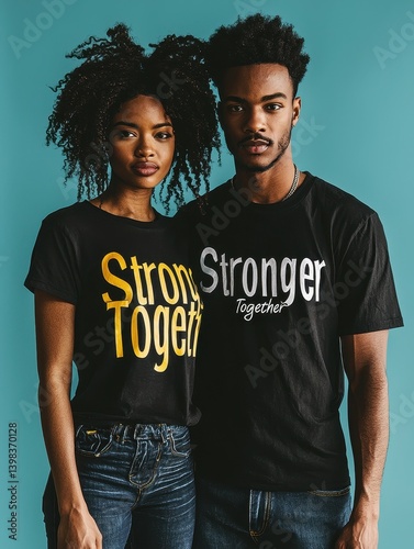 Obraz na płótnie Young diverse couple wearing matching t-shirts posing together indoors w salonie