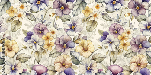 Delicate floral pattern with purple and yellow flowers on a soft beige background.
