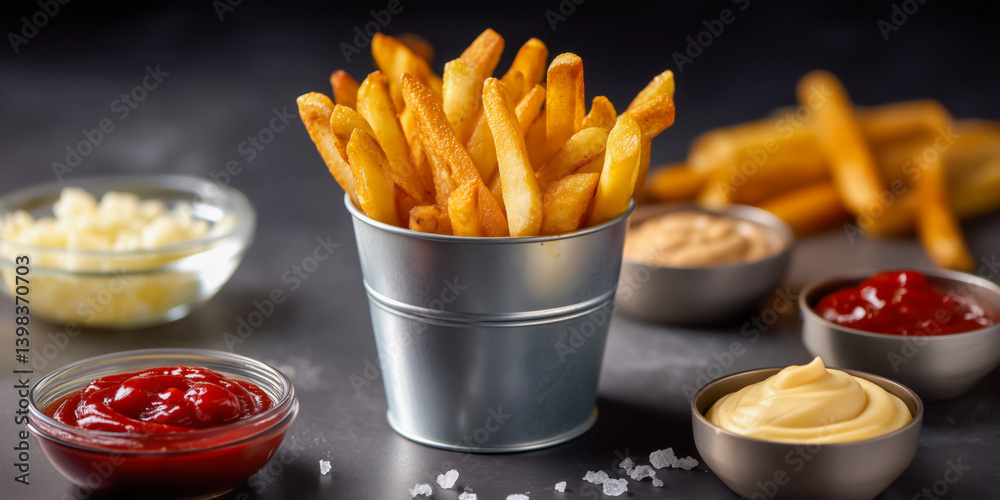 French fries served in a small metal bucket with dipping sauces around.