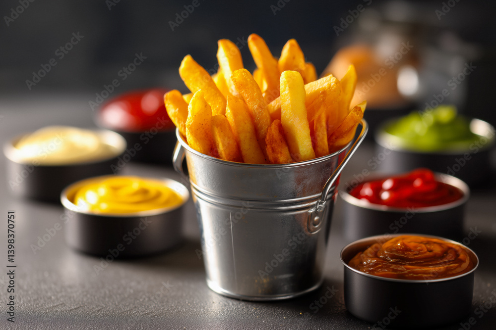 French fries served in a small metal bucket with dipping sauces around.