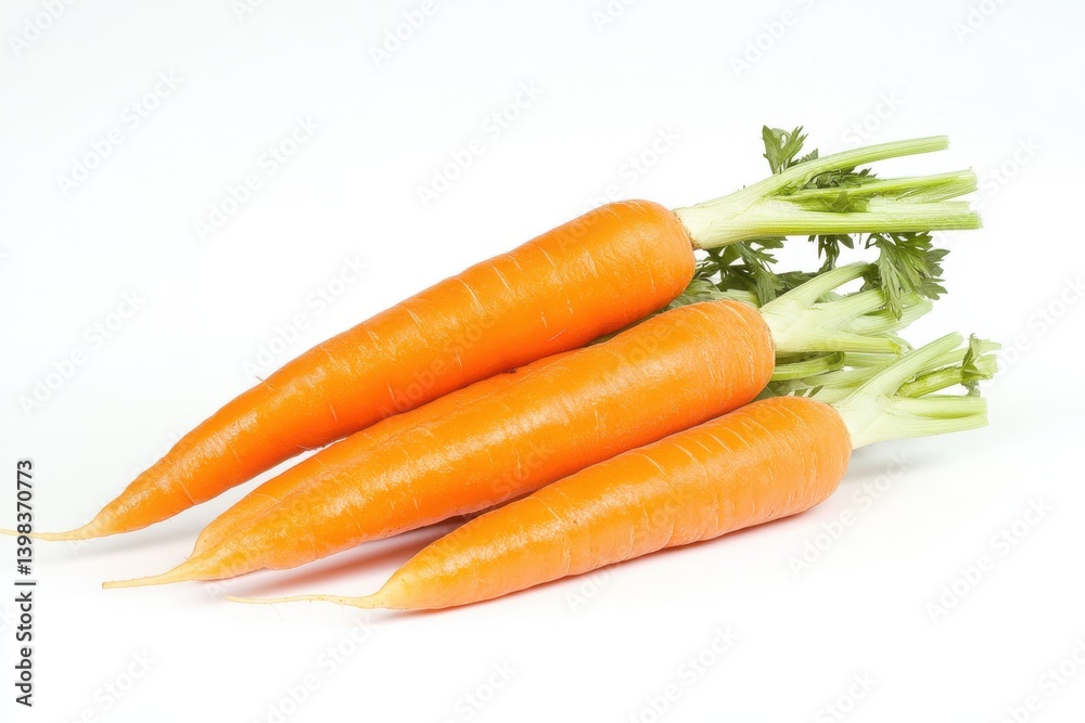 A close up view of three carrots with green tops on a white plane isolated on white background A close up view of three carrots with green tops on a white plane isolated on white background