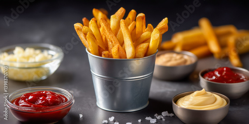 Obraz na płótnie French fries served in a small metal bucket with dipping sauces around. w salonie