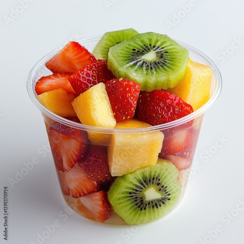 A cup filled with mixed fruit salad including kiwi and strawberry isolated on white background