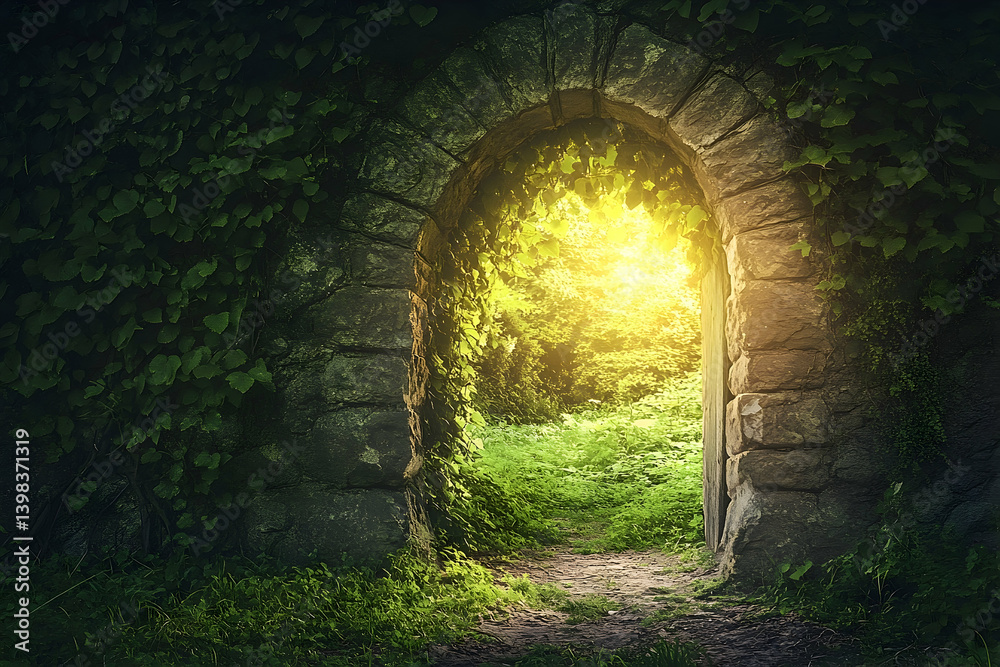 Fototapeta premium An ancient stone archway reveals a sunlit path through a verdant forest.