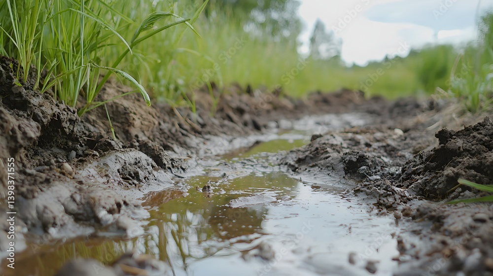 Obraz premium Muddy Path of Journey: Close-up view of a muddy path filled with water and reflections, surrounded by greenery, evoking a sense of the journey and challenge of life.