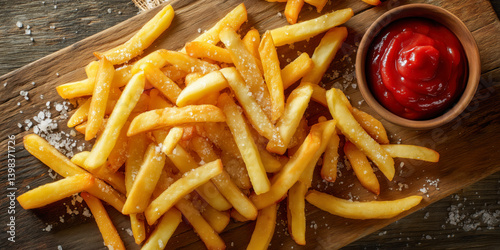 Obraz na płótnie French fries with ketchup on a wooden board. w salonie