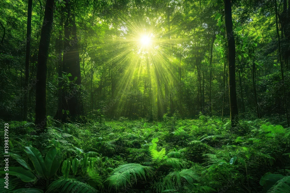 Fototapeta premium Sunlight filtering through lush green forest canopy