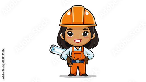 Construction Worker Vector – Builder Holding Blueprints with Hard Hat and Tool Belt in Orange and White with Black Outline 1