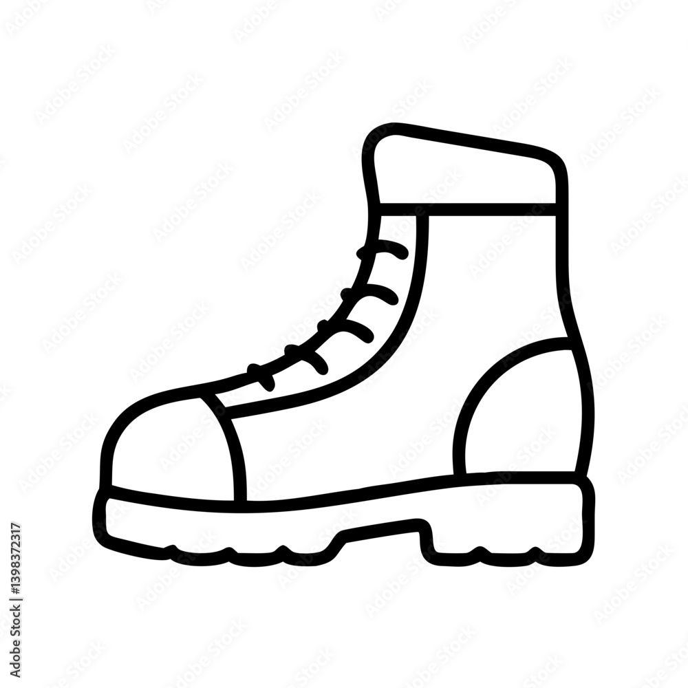 Illustration of a black outline hiking boot for outdoor adventures and mountain trails footwear Illustration of a black outline hiking boot for outdoor adventures and mountain trails footwear