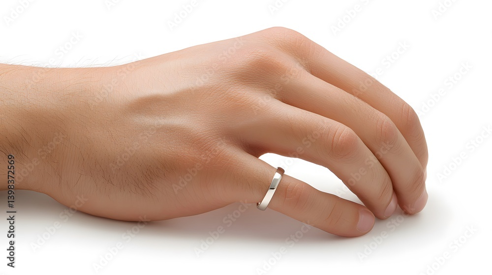 Close-up of a man's hand with a simple silver band on his ring finger. The hand rests gently on a white background. The image is clean and minimalist, ideal for showcasing jewelry or related concepts. Close-up of a man's hand with a simple silver band on his ring finger. The hand rests gently on a white background. The image is clean and minimalist, ideal for showcasing jewelry or related concepts.