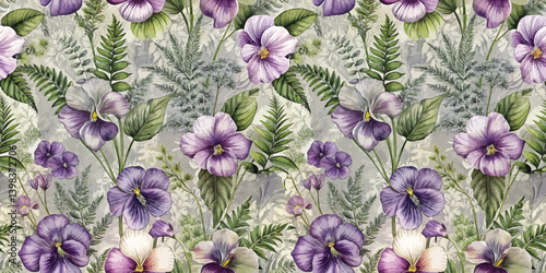 Vibrant floral pattern featuring purple pansies and lush green ferns.