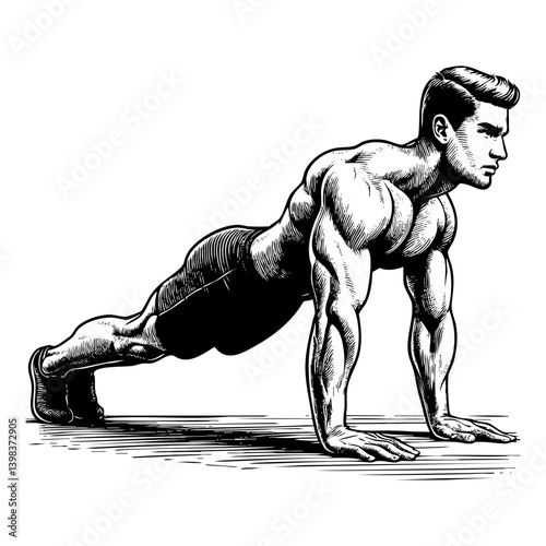 Man push up engraving black and white outline. Scratch board imitation.  illustrated in vintage line art style on a white background.
