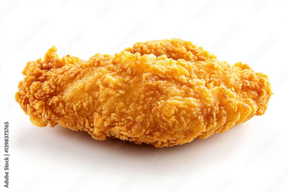 Close up view of a single piece of golden fried chicken breast isolated on white background Close up view of a single piece of golden fried chicken breast isolated on white background