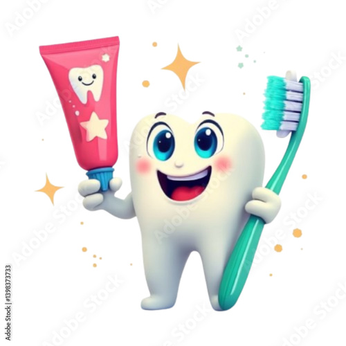 Happy cartoon tooth holding toothbrush and toothpaste with sparkles  