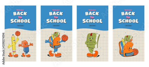 Vertical Back to School social media cover. Vector illustration with Cartoon, funny characters: school backpack with stationery, textbook, eraser, pencil, basketball.