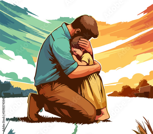 Prodigal Son EmotioA touching illustration of the Prodigal Son, showing a father hugging his crying child in a warm sunset field. Symbol of forgiveness, love, and emotional reunion.nal Reunio...