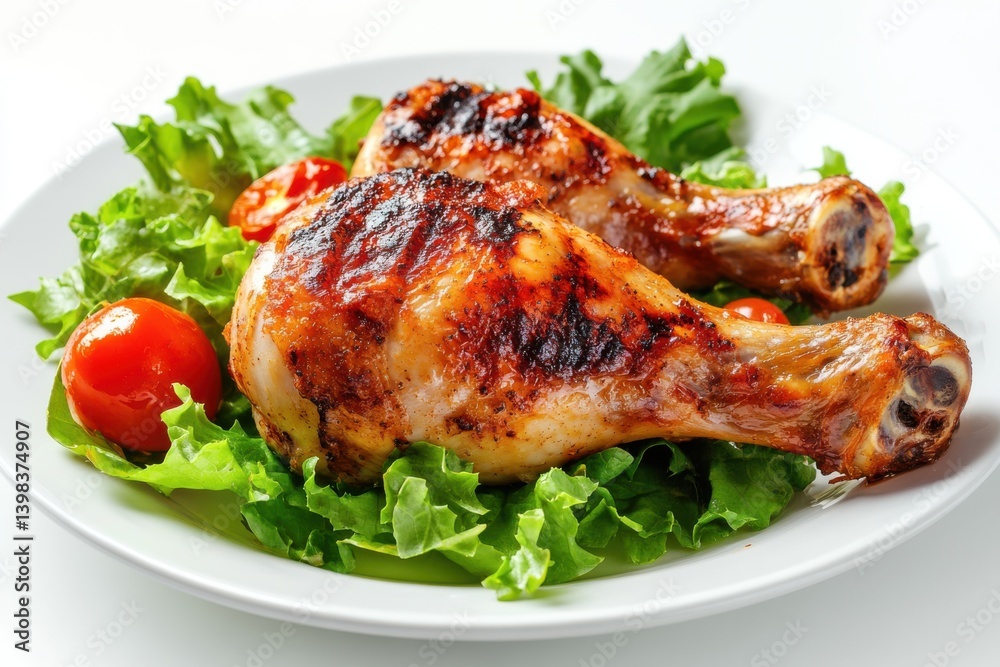 Two chicken drumsticks on a plate with lettuce and cherry tomatoes isolated on white background Two chicken drumsticks on a plate with lettuce and cherry tomatoes isolated on white background