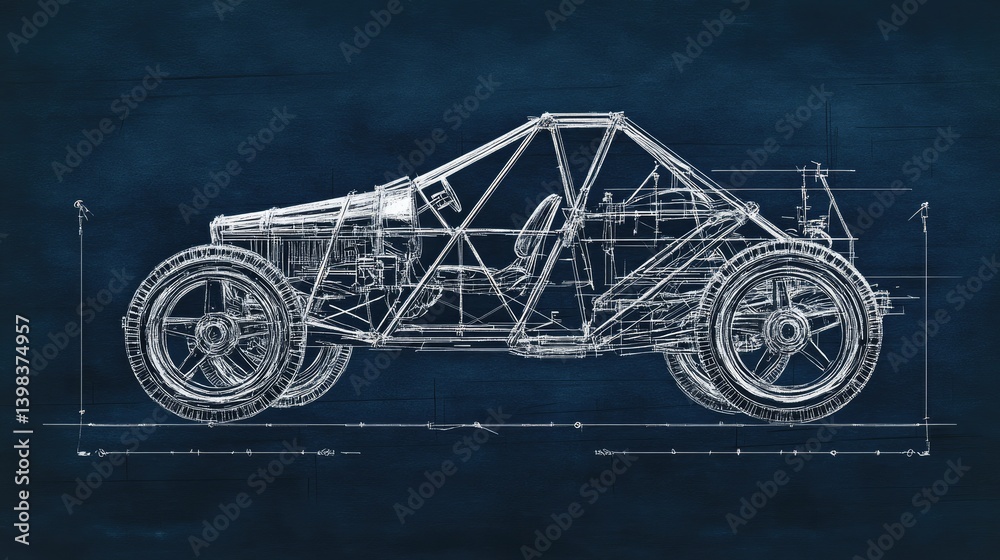 Obraz premium Detailed schematic of a buggy vehicle rendered in white lines on a deep blue blueprint backdrop
