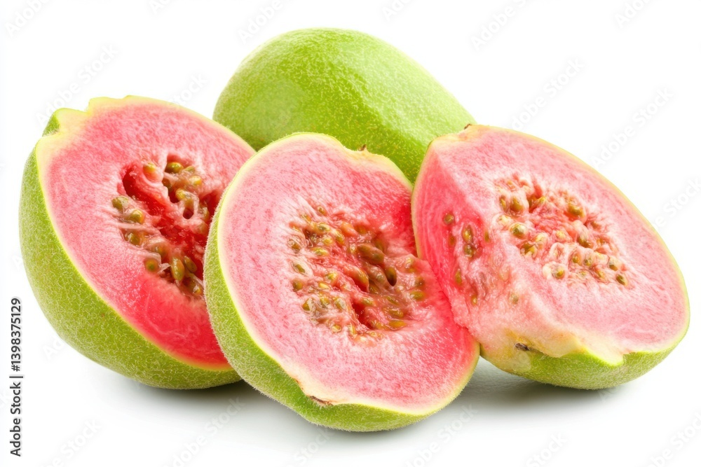 A close up of sliced and whole guava fruits on a light surface isolated on white background A close up of sliced and whole guava fruits on a light surface isolated on white background