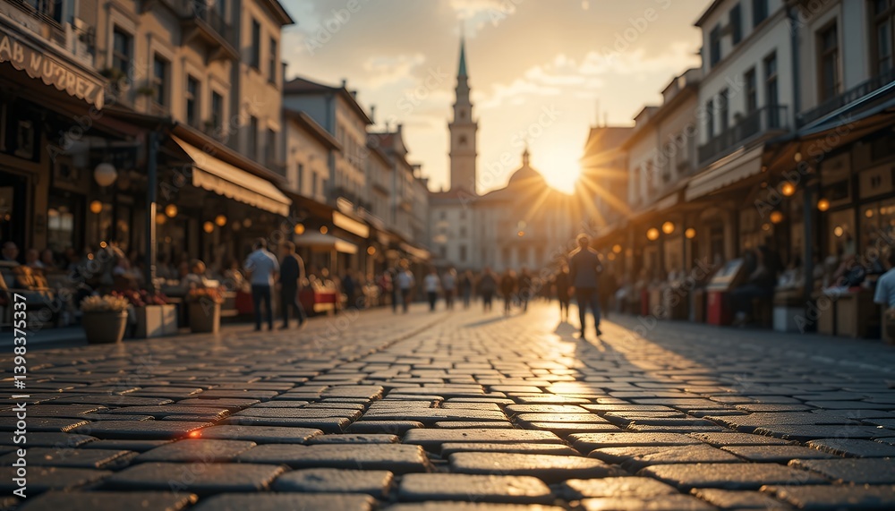 Fototapeta premium Walking on Cobblestone Street During Sunset in City