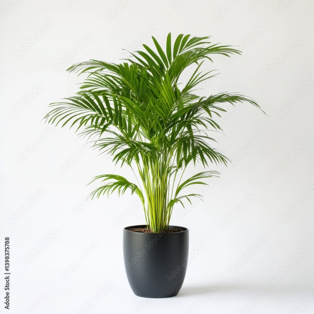 Fototapeta premium Lush areca palm plant displayed in a sleek dark pot on a plain setting isolated on white background