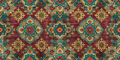 Intricate patterned fabric featuring vibrant floral and geometric designs.
