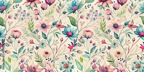 Delicate floral pattern with a variety of vibrant flowers and leaves.
