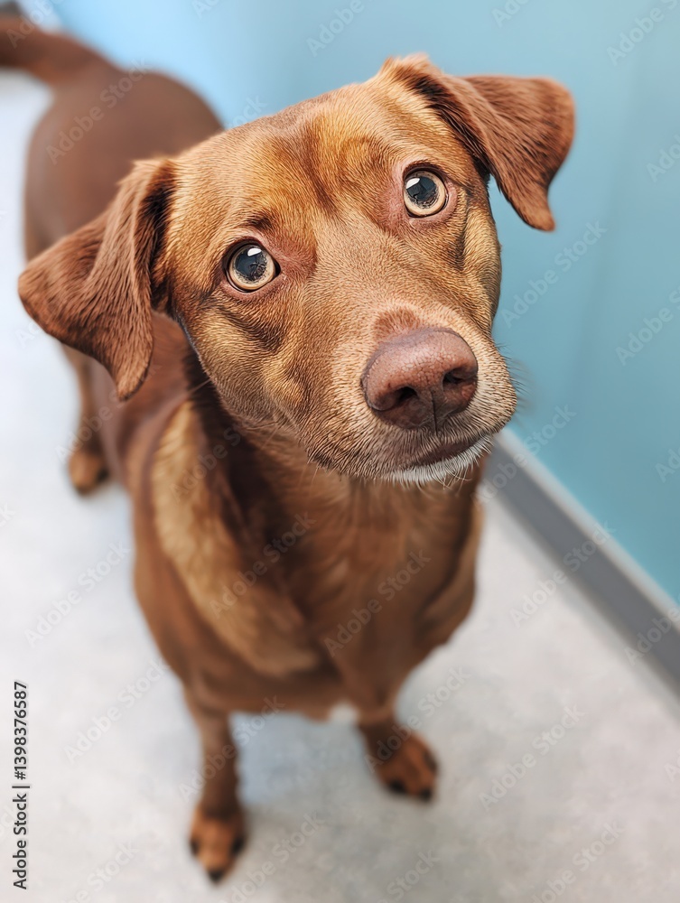 In an animal shelter with soft white carpet and blue walls a cute brown dog tilts its head looking up with light eyes. The dogs expression radiates curiosity and warmth inviting affection In an animal shelter with soft white carpet and blue walls a cute brown dog tilts its head looking up with light eyes. The dogs expression radiates curiosity and warmth inviting affection