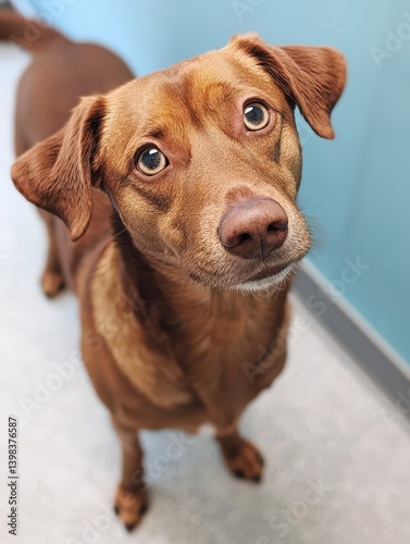 Wallpaper Mural In an animal shelter with soft white carpet and blue walls a cute brown dog tilts its head looking up with light eyes. The dogs expression radiates curiosity and warmth inviting affection Torontodigital.ca