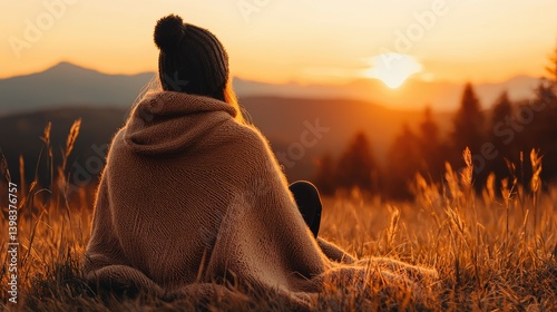 Person watches the sunset from a mountain overlooking the landscape