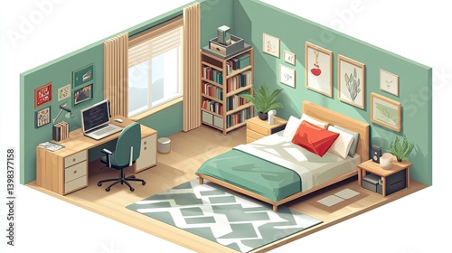 A 3D isometric view of a bedroom with a bed, desk, chair, bookcase, and a rug.