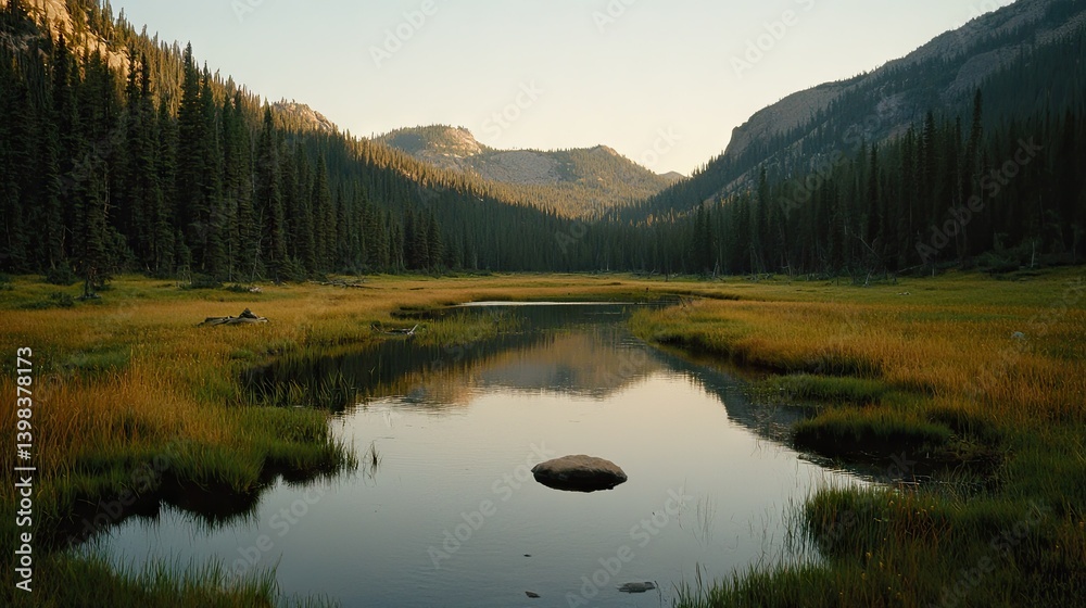 Fototapeta premium A scenic landscape shows a lake surrounded by mountains and trees