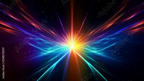 Abstract light explosion with colorful rays of energy emanating from a central point